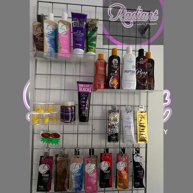 Radiant's in salon tanning lotion and accelerator display