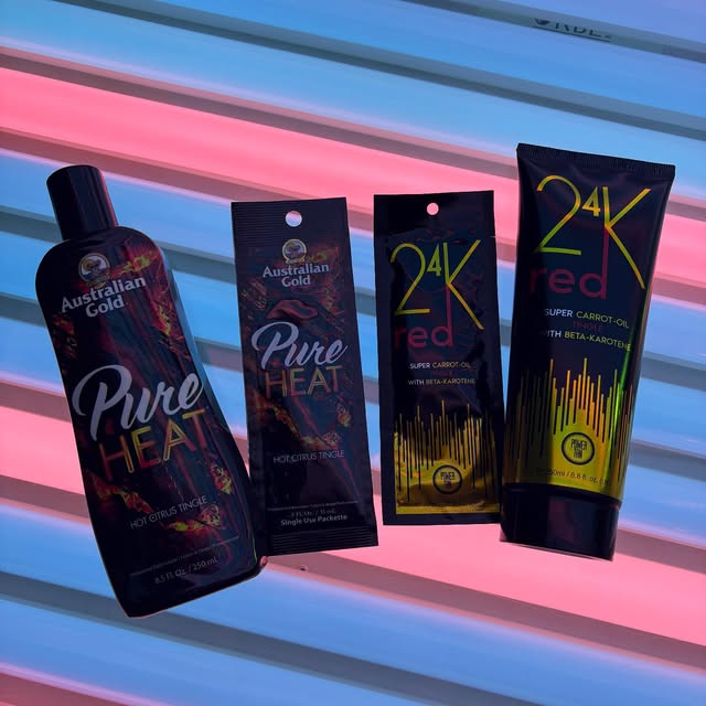 Australian Gold Pure Heat and 24K Red tanning products photographed at Radiant